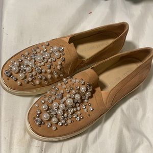 Stuart Weitzman light pink suede jeweled slip ons 7.5
